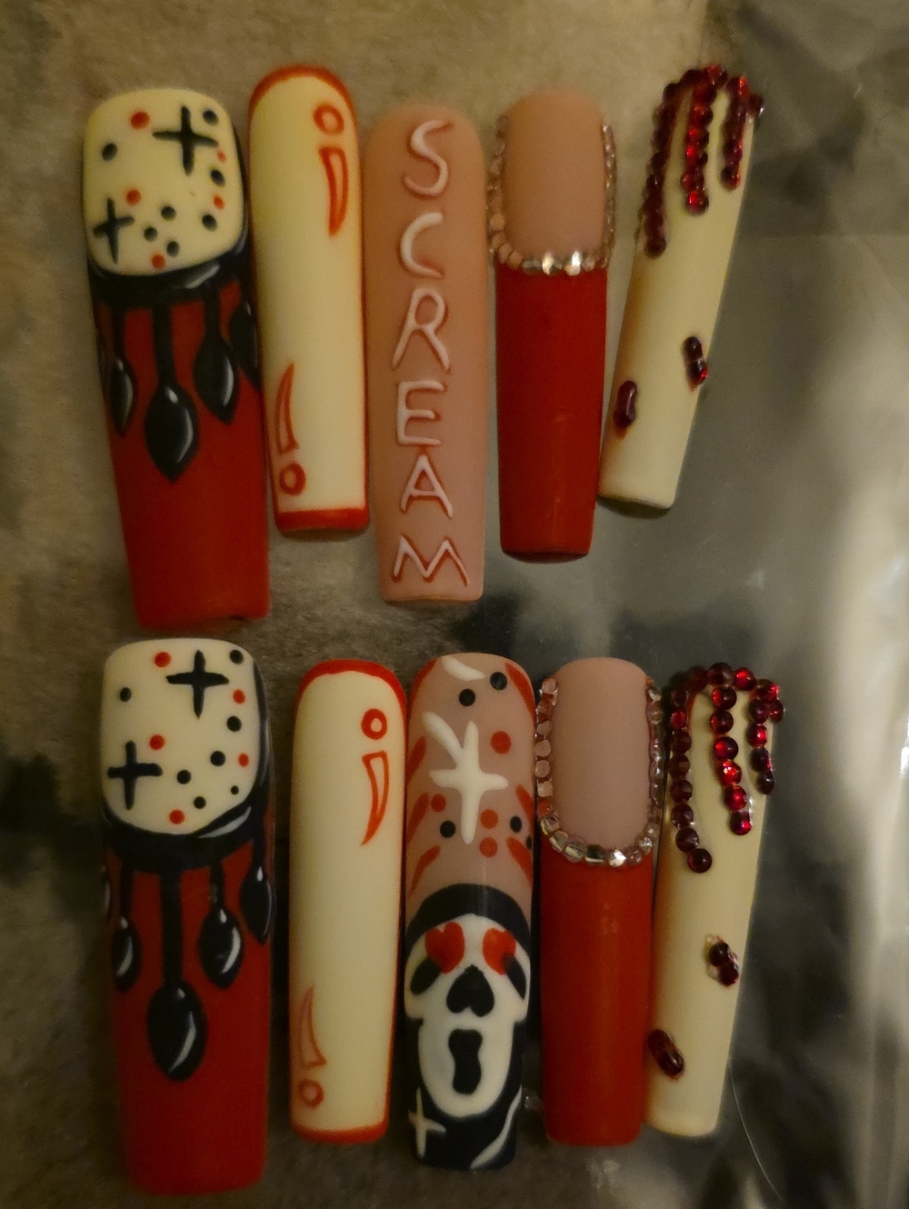 Hand-Painted Red & Cream 'Scream' Halloween Nail Art Set Extra Long